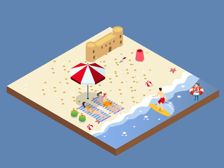 Family having fun at beach isometric 3d vector concept for banner, website, illustration, landing page, flyer, etc.のイラスト素材