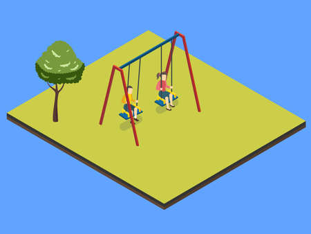 Siblings play with swing isometric 3d vector concept for banner, website, illustration, landing page, flyer, etc.のイラスト素材