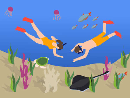 Couple diving snorkeling isometric 3d vector concept for banner, website, illustration, landing page, flyer, etc.のイラスト素材