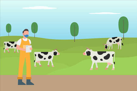 Farm vector concept: Young farmer checking his cows in the meadow while wearing face mask in new normalのイラスト素材