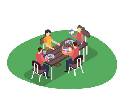 Family drawing easter eggs isometric 3d vector concept for banner, website, illustration, landing page, flyer, etc.のイラスト素材