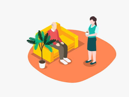 woman giving a cup of tea to elderly isometric 3d vector concept for banner, website, illustration, landing page, flyer, etc.のイラスト素材