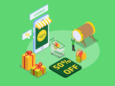 Ramadan Disount online shopping isometric 3d vector concept for banner, website, illustration, landing page, flyer, etc.のイラスト素材