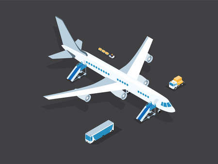 Airplane on the runway with passenger bus, stairs, and luggage car. Isometric vector conceptのイラスト素材