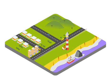 Town near coast isometric 3d vector concept for banner, website, illustration, landing page, flyer, etc.のイラスト素材