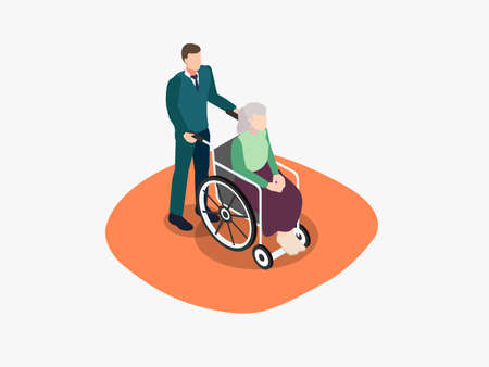 Elderly woman in wheelchair isometric 3d vector concept for banner, website, illustration, landing page, flyer, etc.のイラスト素材