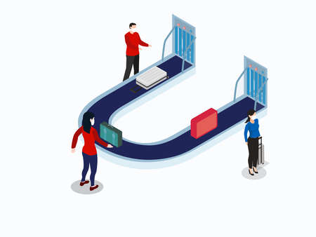 Passenger taking their luggage on the baggage conveyor belt at the airport. Isometric vector concept
