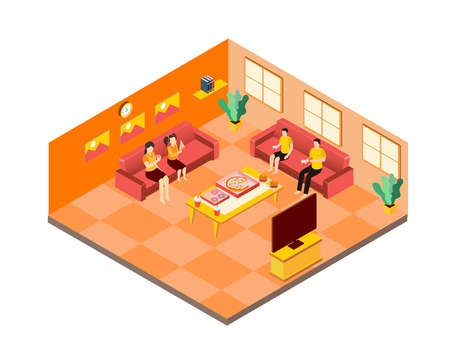 Happy family enjoying junk foods together while watching tv and sitting on the sofa in the living room at home. Isometric vector conceptのイラスト素材