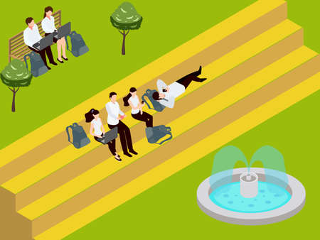 Workers work outdoor isometric 3d vector concept for banner, website, illustration, landing page, flyer, etc.のイラスト素材