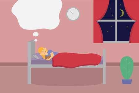 Girl sleeping on the bedroom with empty dream speech bubble at nightのイラスト素材