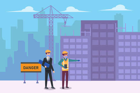 Male contractor and architect looking at the construction site building while wearing face mask