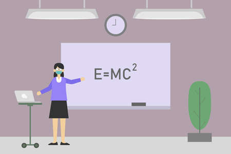 Female teacher in face mask teaching online with laptop computer while explaining physics formula on whiteboardのイラスト素材