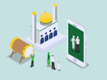 Celebrating Ramadan online isometric 3d vector concept for banner, website, illustration, landing page, flyer, etc.のイラスト素材