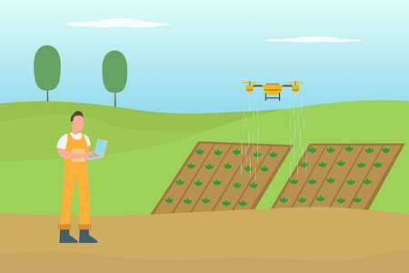 Farm vector concept: Young man operating technology for watering plants while using laptopのイラスト素材