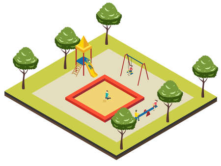Children wearing face mask and playing in the park at playground. Isometric vector conceptのイラスト素材