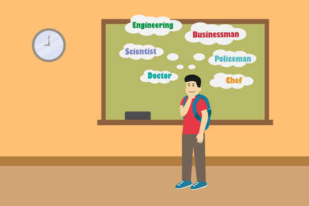Dreaming vector concept: Male student thinking about his future profession while standing in the classのイラスト素材