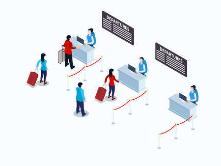 Passenger queuing at the airport departure counter while wearing face mask. Isometric vector conceptのイラスト素材