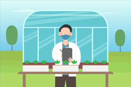 Farm vector concept: Young man analyzing seeds of plantation while wearing face mask in new normalのイラスト素材