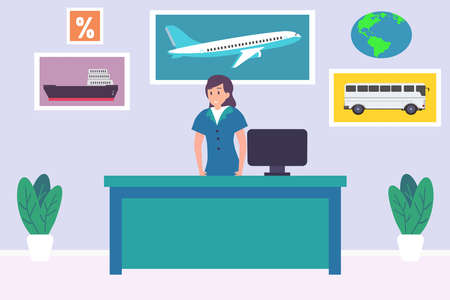 Travel agent vector concept: Young woman working in travel agent while standing in front of computerのイラスト素材