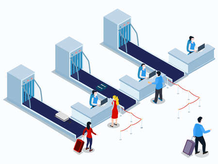 Passenger at the airport check-in counter with conveyor belt. Isometric vector conceptのイラスト素材