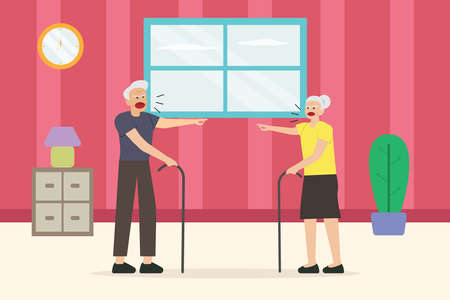 Fighting vector concept: Old couple shouting each other at home while pointing each otherのイラスト素材