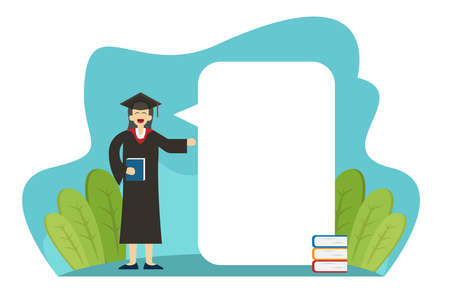 Graduation vector concept: Female student with graduation hat showing copy space on the blank boardのイラスト素材