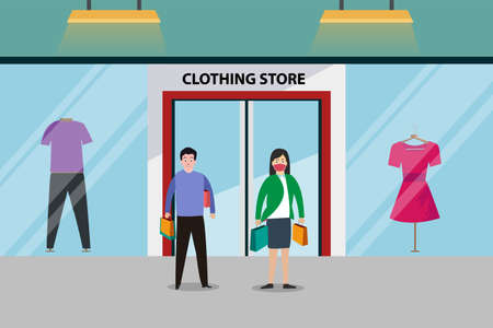 Couple in face mask shopping clothes in reopen clothing store. New normal lifestyle during corona virus pandemic.のイラスト素材
