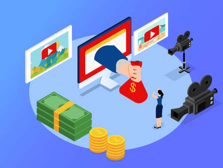 Female vlogger make money online 3D isometric vector concept for banner, website, illustration, landing page, flyer, etcのイラスト素材