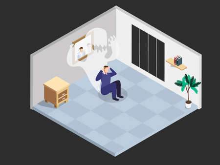 Depressed young man 3D isometric vector concept for banner, website, illustration, landing page, flyer, etcのイラスト素材
