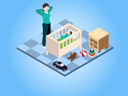 Stressed mother with crying baby 3D isometric vector concept for banner, website, illustration, landing page, flyer, etcのイラスト素材