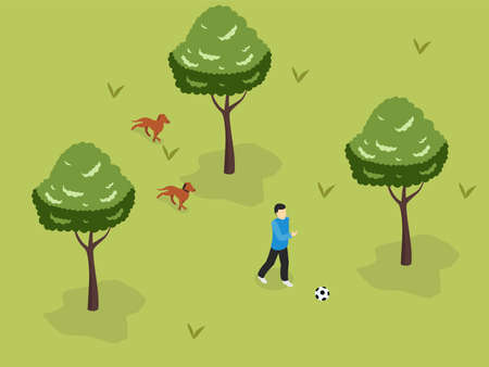 Playing soccer with dogs isometric 3d vector concept for banner, website, illustration, landing page, flyer, etc.のイラスト素材