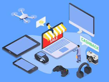 Computer and electronic sale isometric 3d vector concept for banner, website, illustration, landing page, flyer, etc.のイラスト素材