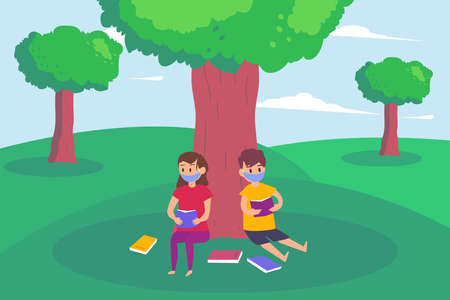 Kids wearing facemask reading books 2D flat vector concept for banner, website, illustration, landing page, flyer, etcのイラスト素材