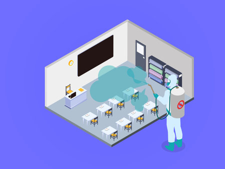 Spraying classroom with disinfectant 3D isometric vector concept for banner, website, illustration, landing page, flyer, etcのイラスト素材
