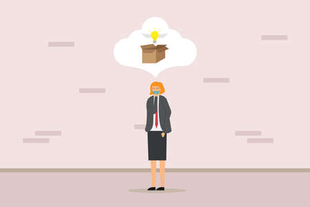 Businesswoman in face mask think outside the box. Creative idea vector conceptのイラスト素材