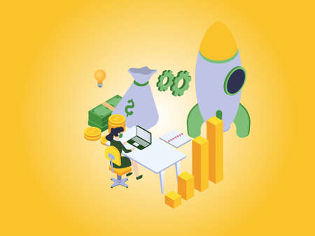 Start up isometric vector concept. Businesswoman working with laptop and ready to launch a rocketのイラスト素材