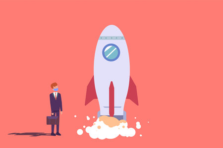Businessman in face mask looking at startup rocket launching. Business startup vector concept.のイラスト素材