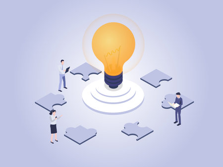 Business collaboration and innovation vector concept. Business team work with big light bulb and puzzle pieces.のイラスト素材