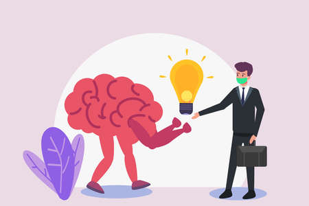 Business vector concept: Young businessman showing light bulb to brain while wearing face mask in...
