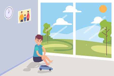 Childhood vector concept: Lonely boy feeling sad at home with photo family on the wall while sitting on the floor aloneのイラスト素材