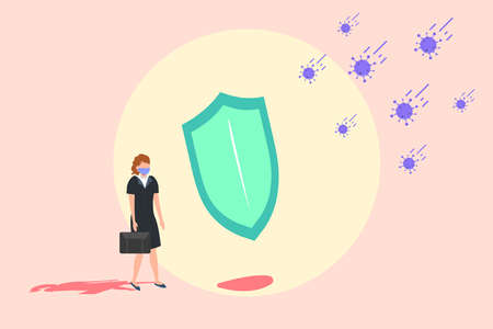 Business protection vector concept. Businesswoman in face mask protected by shield to face virusのイラスト素材