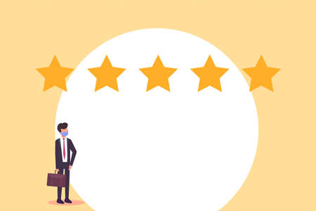 Customer review vector concept. Success businessman in face mask looking at five stars rating