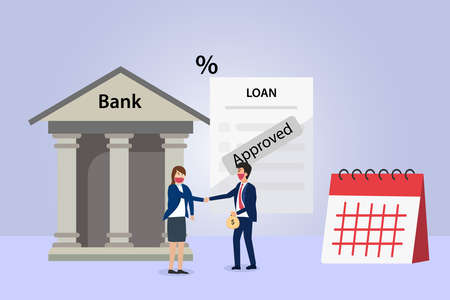 Bank Loan Approved vector concept. Businessman and female banker in face mask handshaking together with bank loan application approvedのイラスト素材