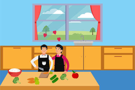 LGBT vector concept: Gay couple cooking together in the kitchen while cutting vegetablesのイラスト素材