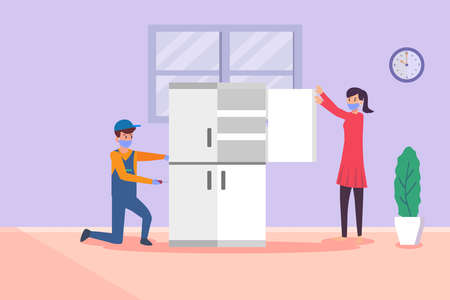 Technician in face mask repairing a refrigerator. Technician vector conceptのイラスト素材