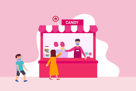 Kids buying candy 2D flat vector concept for banner, website, illustration, landing page, flyer, etcのイラスト素材