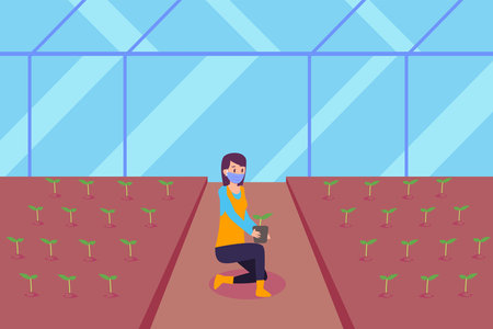 Greenhouse vector concept: Female farmer planting seeds in the greenhouse while wearing face maskのイラスト素材