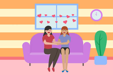 LGBT vector concept: Lesbian couple dating at home while sitting on the sofaのイラスト素材