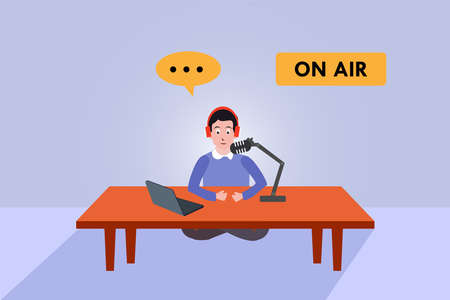Man doing live streaming while talking on microphone and laptop in radio station studio and on air sign. Broadcasting radio station concepts.のイラスト素材