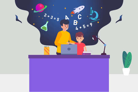 Science knowledge vector concept: Male teacher teaching science to little boy while using laptopのイラスト素材
